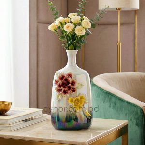 Ceramic Porcelain Flower Vase Floral Design Iridescent Glaze