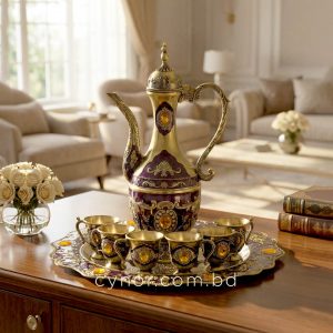 Purple and Antique Gold Metal Surai Set 6 Cups 1 Jug 1 Plate