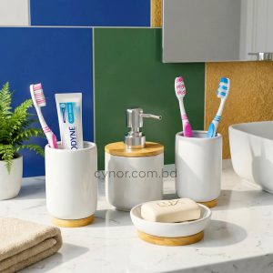 4 Piece White Porcelain Ceramic and Bamboo Bathroom Accessory Set