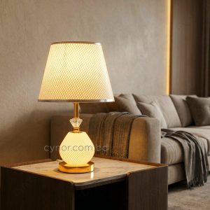 Metal Body Acrylic and Crystal Design Golden Table Lamp White Texture Plastic Shade