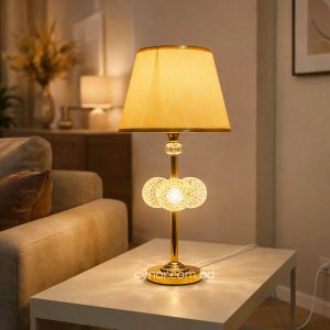 Golden Metal Table Lamp with Crystal Design and Decorated Cream Plastic Shade