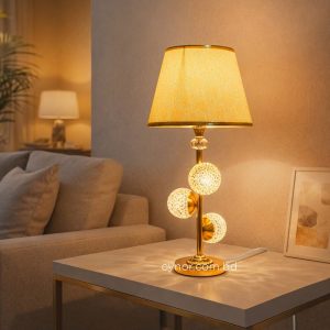 Golden Metal Table Lamp with Crystal Design and Decorated Cream Plastic Shade