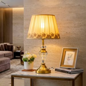 Golden Metal Crystal Table Lamp with Floral Cream Fabric Shade