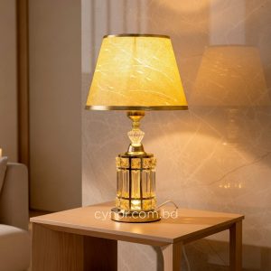 Golden Metal Table Lamp with Crystal Design and Brown Plastic Shade