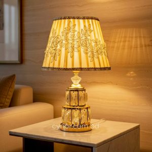 Golden Metal Table Lamp with Crystal Design and Floral Fabric Shade