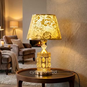 Golden Metal Table Lamp with Crystal Design Floral Pattern Plastic Shade