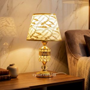 Golden Metal Table Lamp with Crystal Design and Leaf Pattern Shade