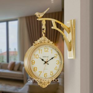 Double Sided Station Wall Clock Fiber Body Golden Color Floral Design