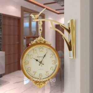 Double Sided Station Wall Clock Fiber Body Wood Color with Golden Design