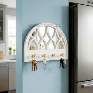 Arched Mirror Key Holder White Cathedral Window Design 4 Crystal Hooks