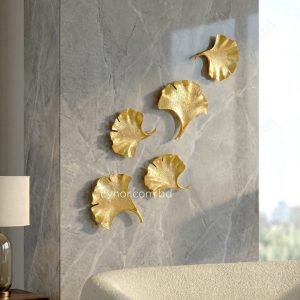 5 Piece Ginkgo Leaf Golden Fiber Wall Art Set