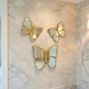 3 Piece Butterfly Mirror Set Golden Fiber Wall Art Decor