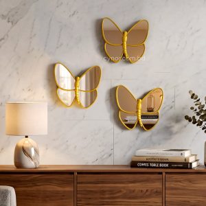 3 Piece Butterfly Mirror Set Golden Fiber Wall Art Decor