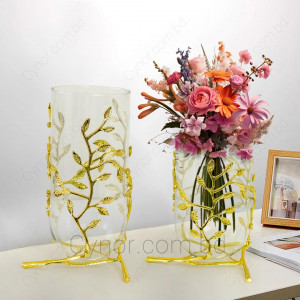 High Quality Metal & Glass Made Golden Color Leaf Design Flower Vases