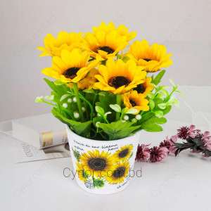 White Color Ceramic Type Pot with Artificial Sunflower Arrangement
