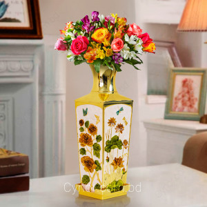High Quality Metal Body Golden Color Decorative Flower Design Luxury Flower Vase with Tray