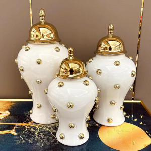 High Quality Ceramic Made White and Golden Color Design Ginger Flower Vases