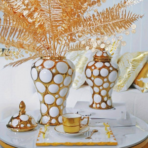 High Quality Ceramic Made White and Golden Color Decorative Design Porcelain Ginger Flower Vases