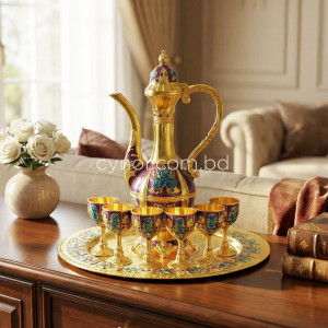 Traditional Golden Purple Surai Set SS Metal 6 Cups 1 Jug 1 Tray