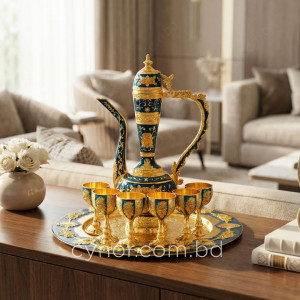 Traditional Surai Set Midnight Blue Golden SS Metal 6 Cups 1 Jug 1 Tray