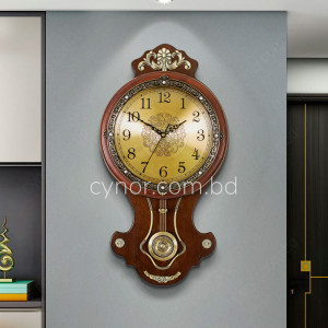 High Quality Wooden Body with Metal and Stone Design Golden Color Dial Pendulum Wall Clock