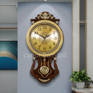 High Quality Wooden Body with Metal and Stone Design Golden Color Dial Pendulum Wall Clock