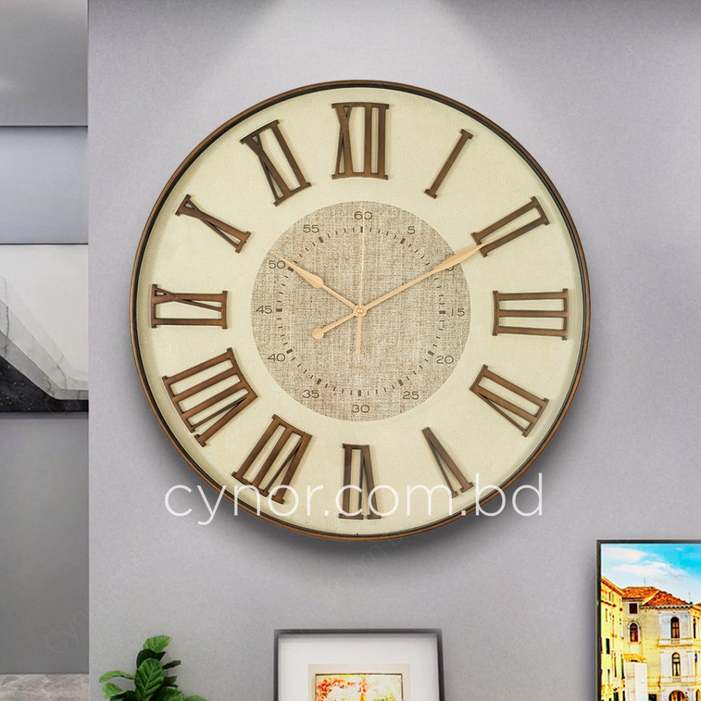 Antique Style Wood and Cream Color Wall Clock with Fiber Body Glass Dial and Linen Texture Design