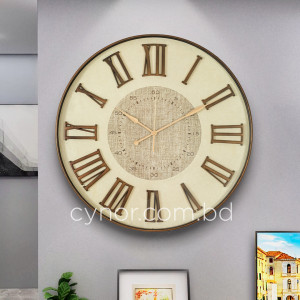 Antique Style Wood and Cream Color Wall Clock with Fiber Body Glass Dial and Linen Texture Design