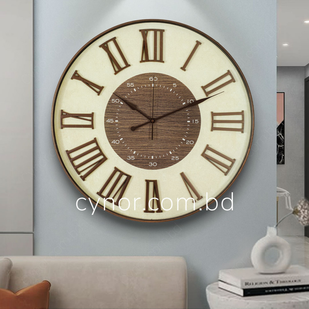 Antique Style Wood and Cream Color Wall Clock with Fiber Body Glass Dial and Linen Texture Design