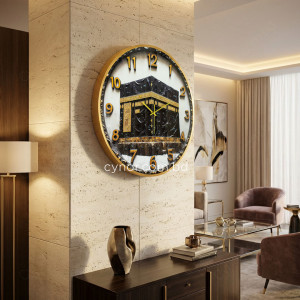 Kaaba Design with Resin Stone Open Face Dial Golden Aluminum Frame Wall Clock