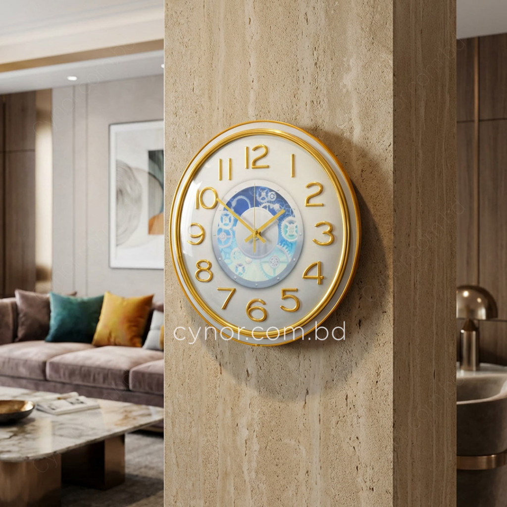 Aesthetic Modern Fiberglass Wall Clock Golden Frame Soft Blue White Dial