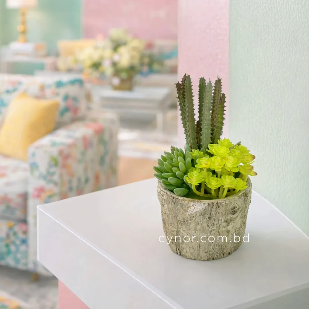 Realistic Artificial Succulent Cactus in Rustic Ceramic Pot Mini Tabletop Decor
