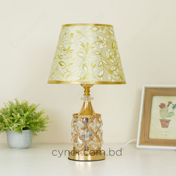 TL370-Golden Color Metal Body Table Lamp with Crystal Stone Design and Floral Pattern Texture Plastic Shade (2)