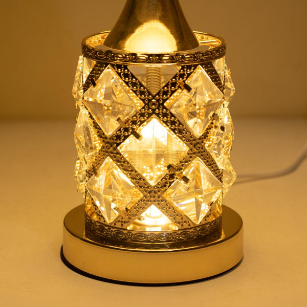 TL370-Golden Color Metal Body Table Lamp with Crystal Stone Design and Floral Pattern Texture Plastic Shade (5)