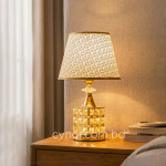 TL373-Golden Color Metal Body Table Lamp with Crystal Stone Design and Geometric Pattern Texture Plastic Shade (1)