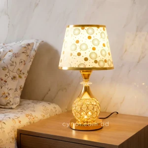 Golden Metal Table Lamp Crystal Stone Design Plastic Polka Dot Shade