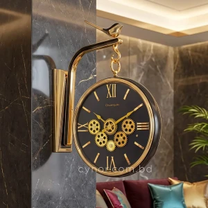 Golden Black Double Sided Station Wall Clock Mechanical Gear Design Dial