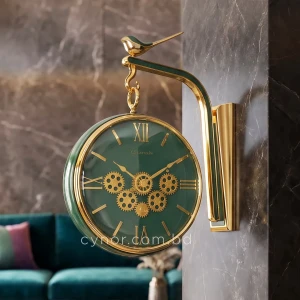 Golden Green Double Sided Station Wall Clock Mechanical Gear Design Dial