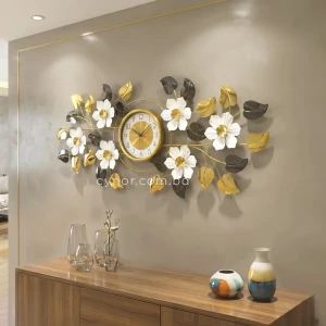 Decorative Botanical Wall Clock Glossy Stainless Steel Golden White Design