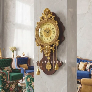 Luxury Wooden Pendulum Wall Clock with Golden Metal Floral Design