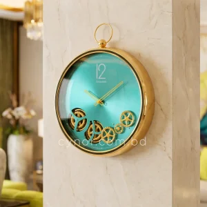 Mechanical Gear Design Quartz Wall Clock Metal Body Glass Turquoise Dial