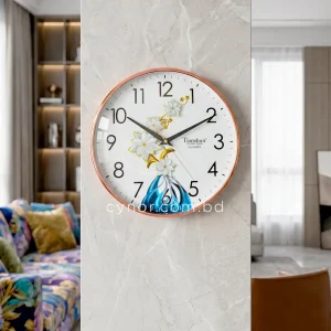 Modern Abstract Wall Clock Blue Vase White Blossom Rose Gold Fiber Frame