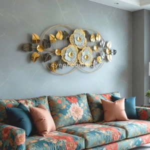 Aquatic Leaf and Flower Design Stainless Steel Golden Black Metal Wall Decor