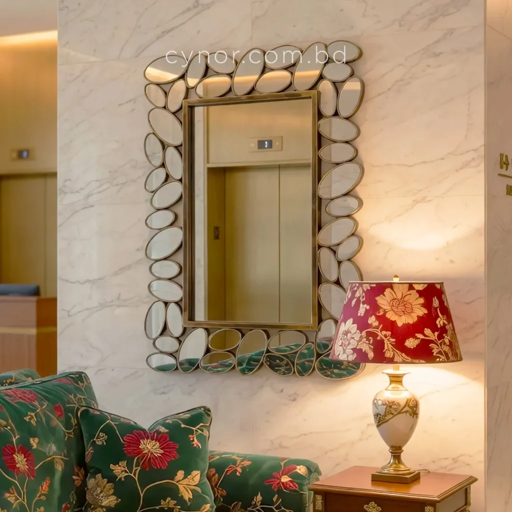 Antique Color Wall Mirror with Artistic Pebble Design Fiber Frame